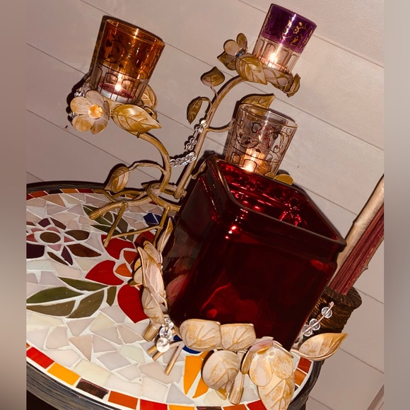 PartyLite Vintage 3+1 Candle Holder Centerpiece-Metal Leaves&Flowers, Beads&Gems - Picture 12 of 17